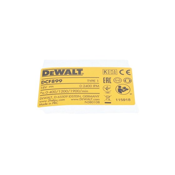 Rating Plate for DeWalt DCF899 Impact Wrench - OEM No. N380108
