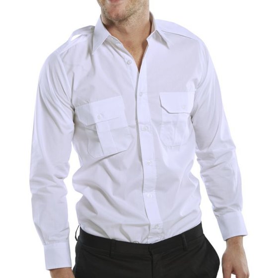 Pilot Shirt Long Sleeve Poly/Cotton Two Pockets Stiffened Collar White 16