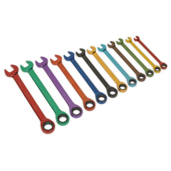 Ratchet Combination Spanner Set 12pc Multi-Coloured Metric Sealey Part No. S01075