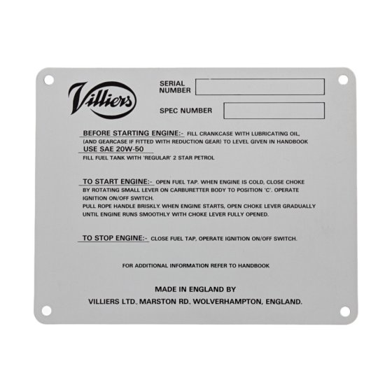Identification Name Plate for Villiers C30 Engines (125mm x 100mm)