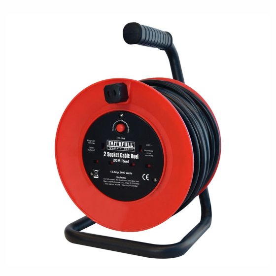 FAITHFULL 240V 13A Cable Reel 20m Cable 2x Shuttered Sockets BS EN 61242